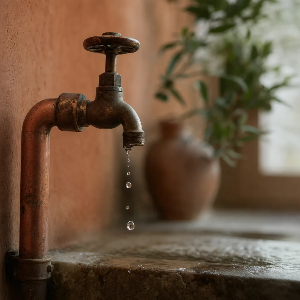 An open valve on a vintage copper pipe