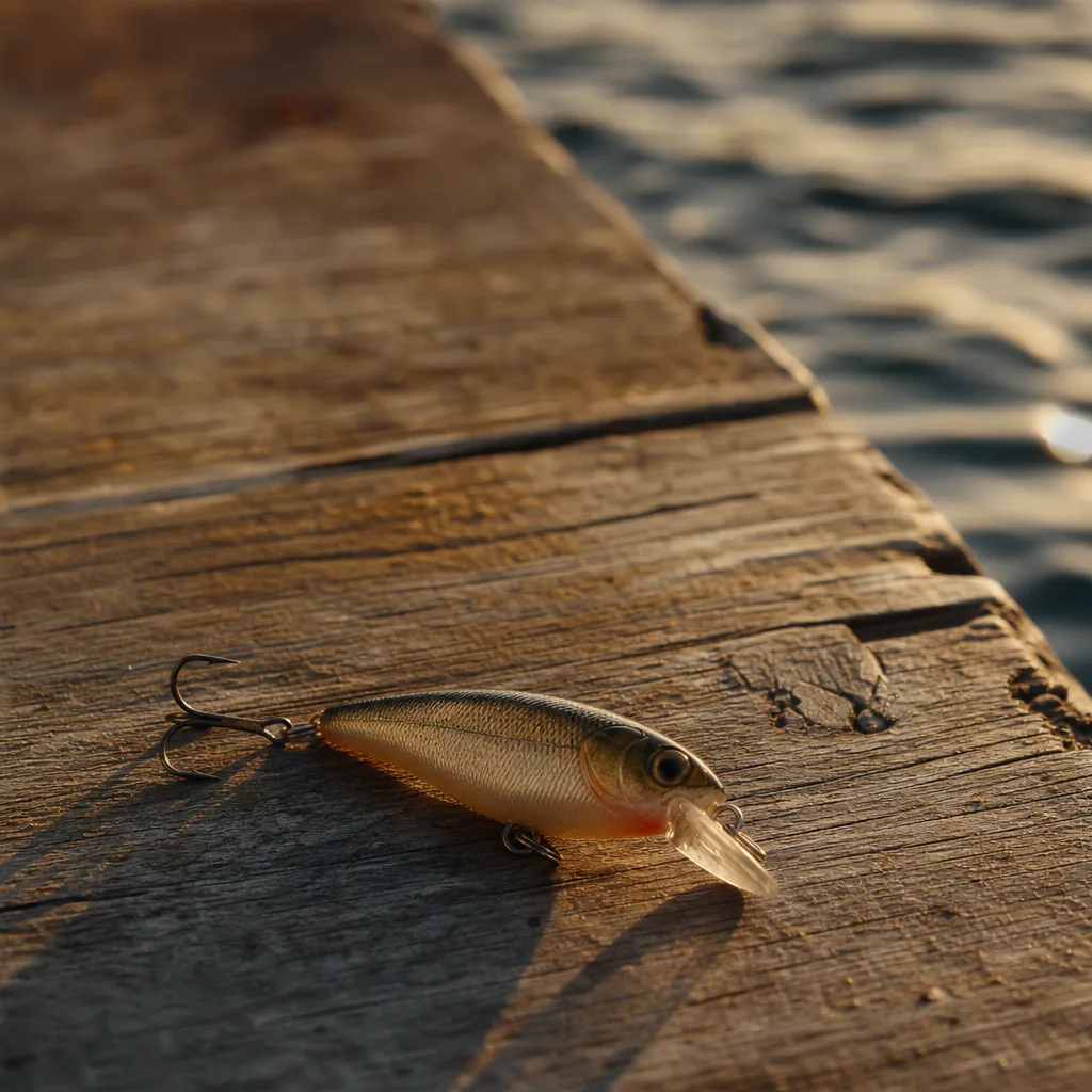 A fishing lure resting on a worn wooden dock plank