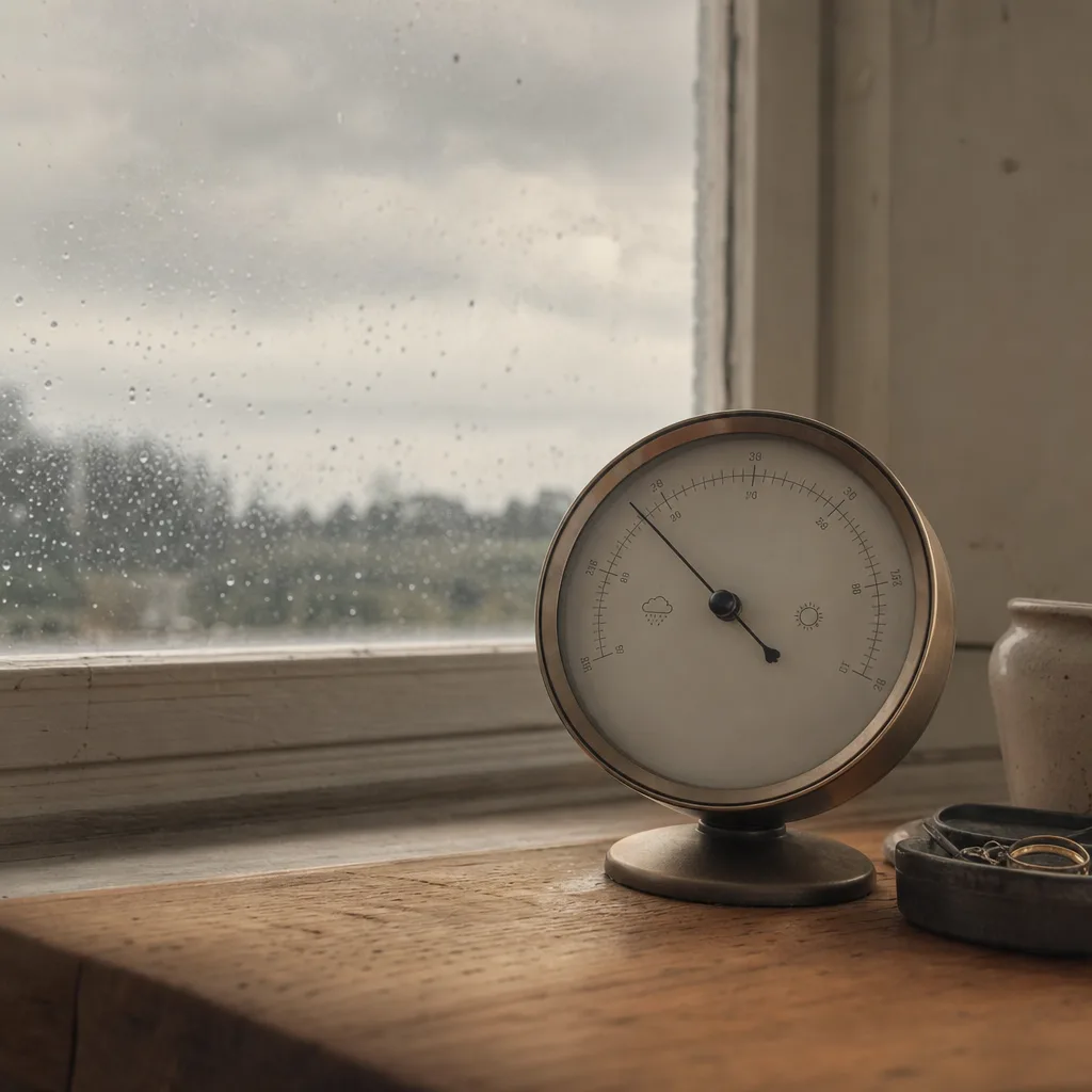 A small desktop barometer on a windowsill