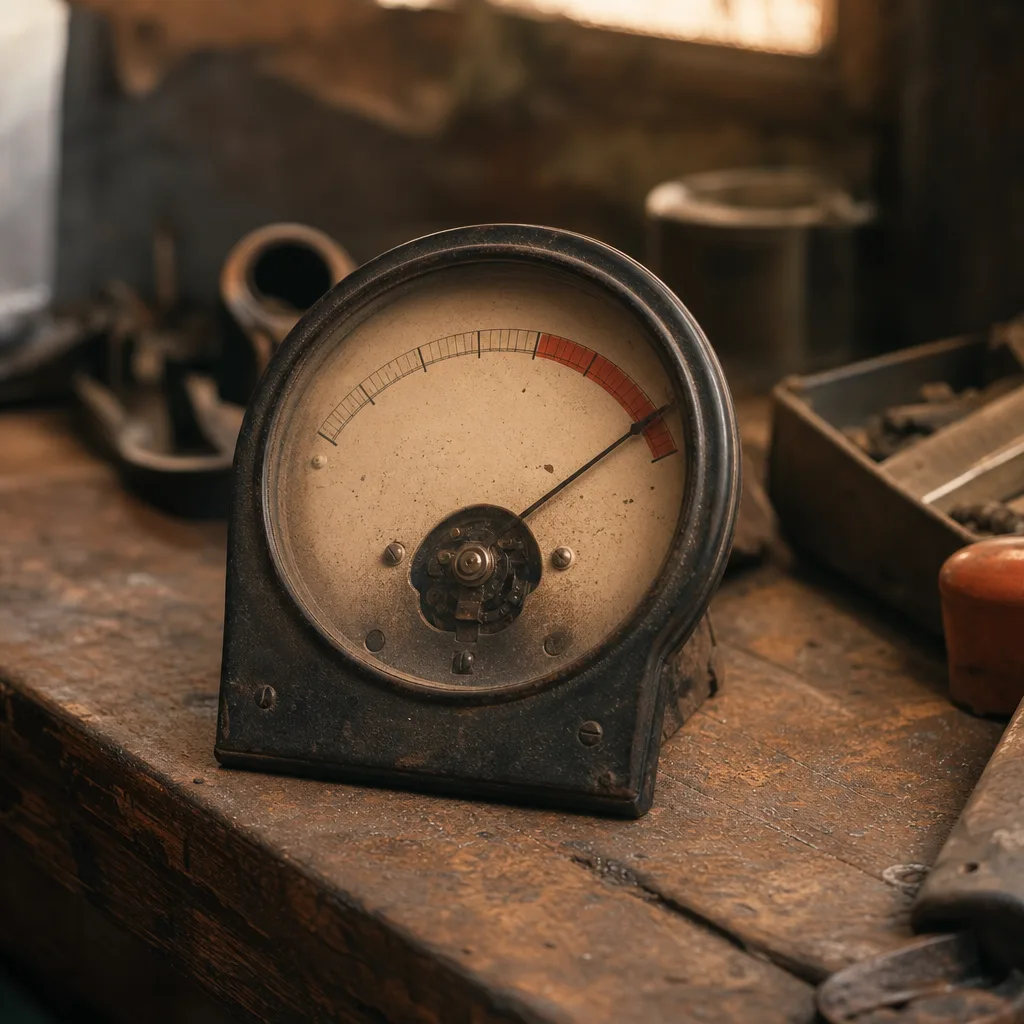 A vintage analog voltmeter with its needle swung high into the red zone