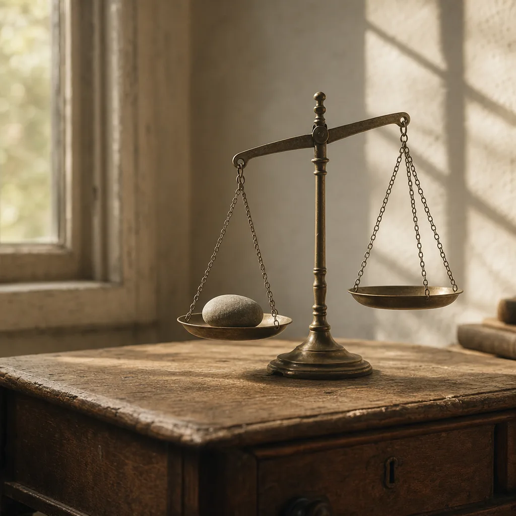 A vintage balance scale on a worn oak desk