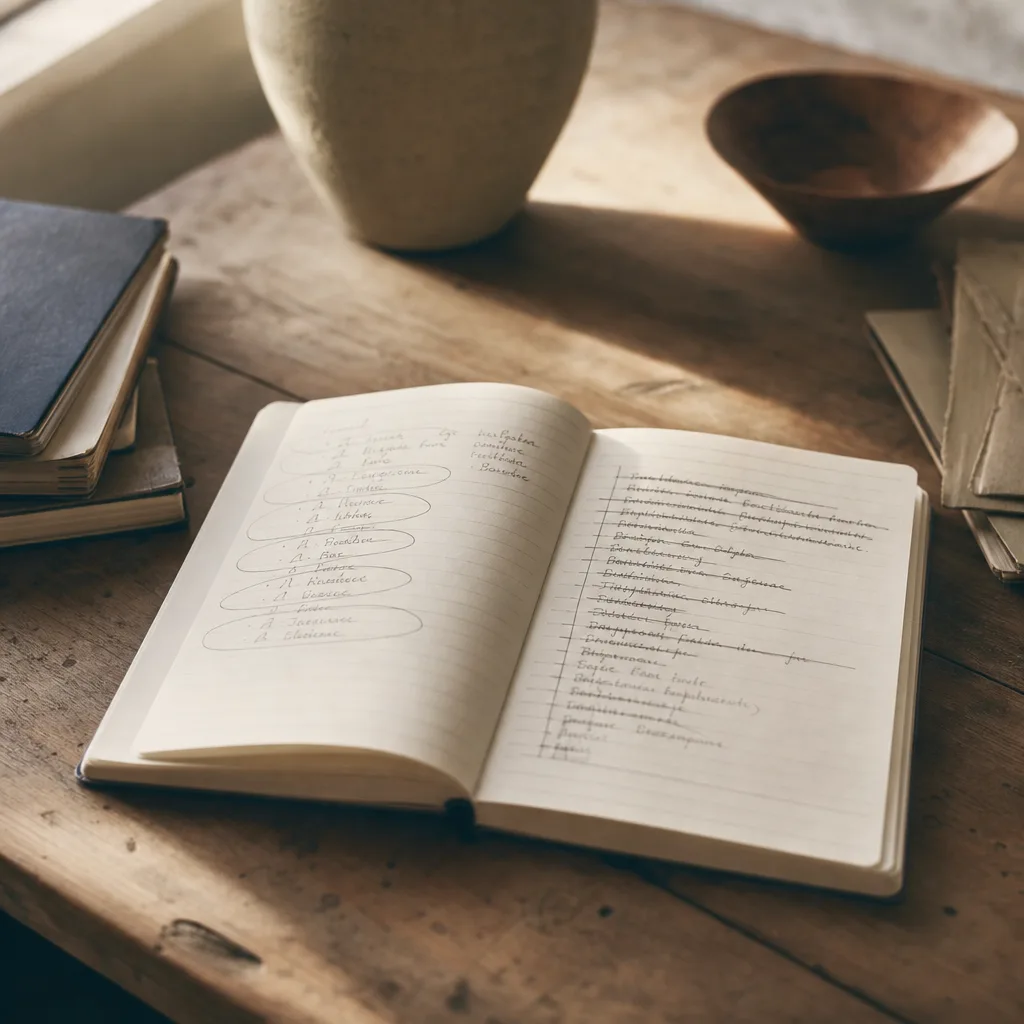 An open field notebook flat on a wooden desk showing two columns of handwritten variables