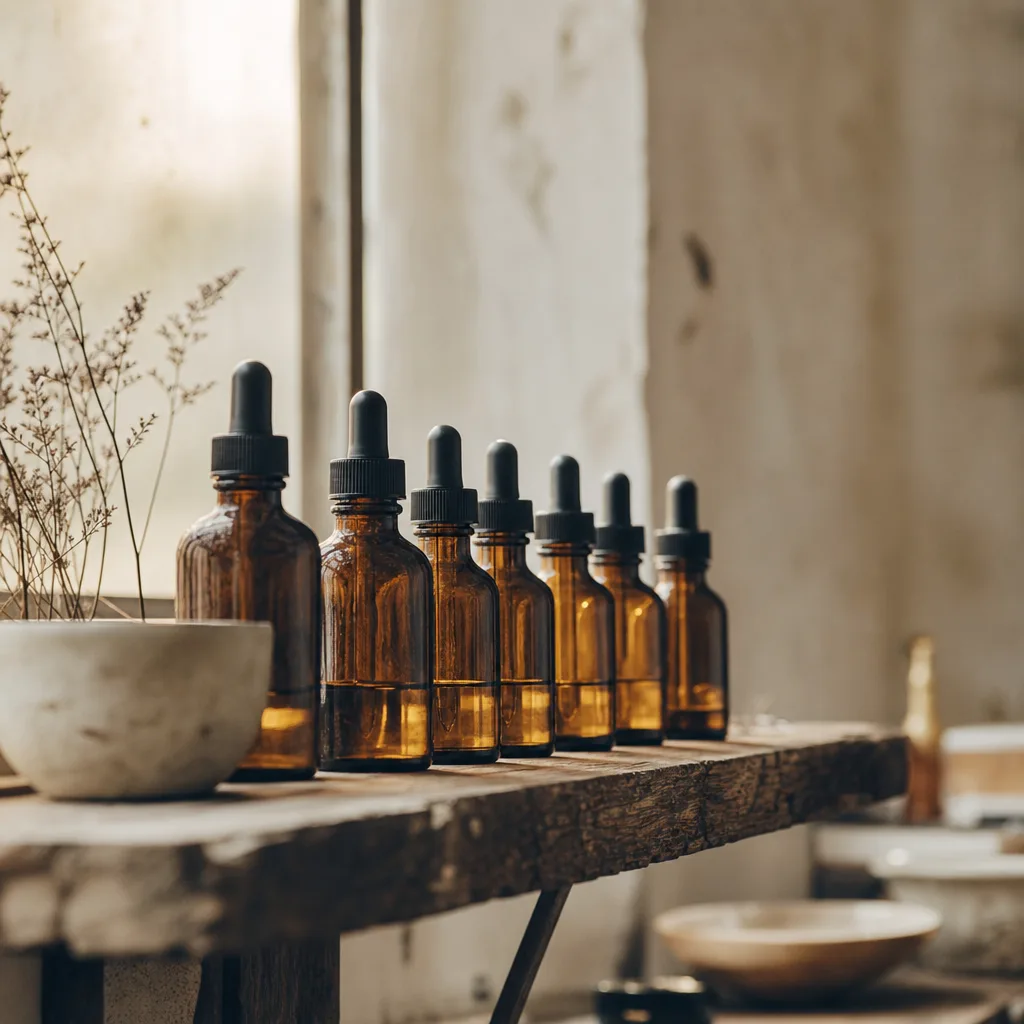 A row of small graduated glass medicine dropper bottles with faint amber liquid on a worn wooden shelf