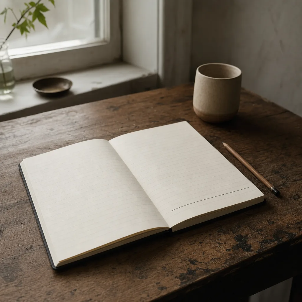 An open field notebook flat on a worn desk