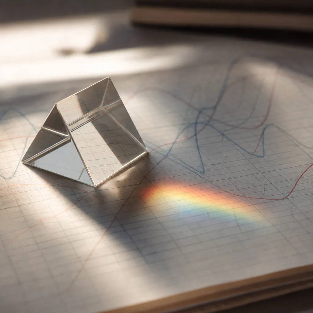 A transparent glass prism resting on graph paper printed with overlapping sine waves