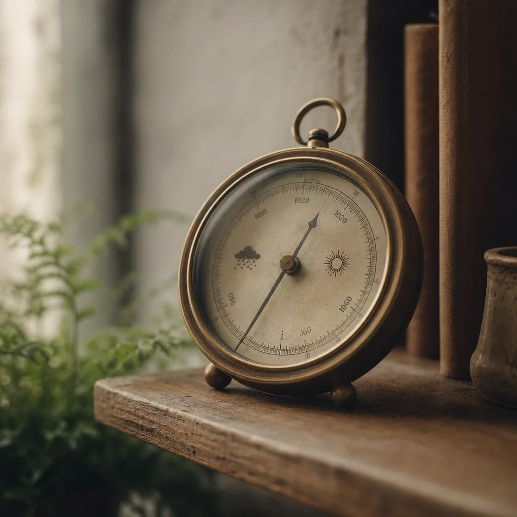 A vintage barometer resting on a worn wooden shelf