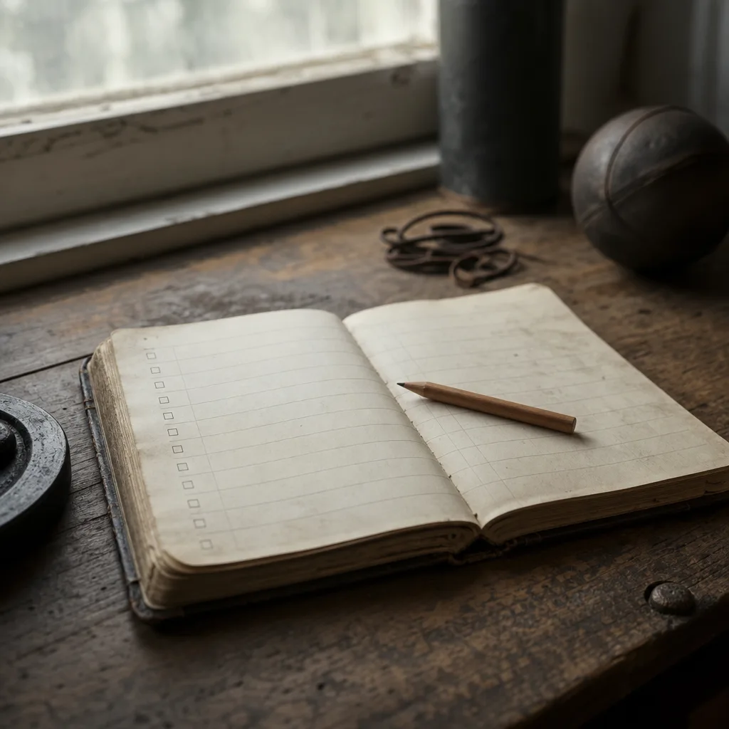 A worn athletic training log open to a blank protocol checklist