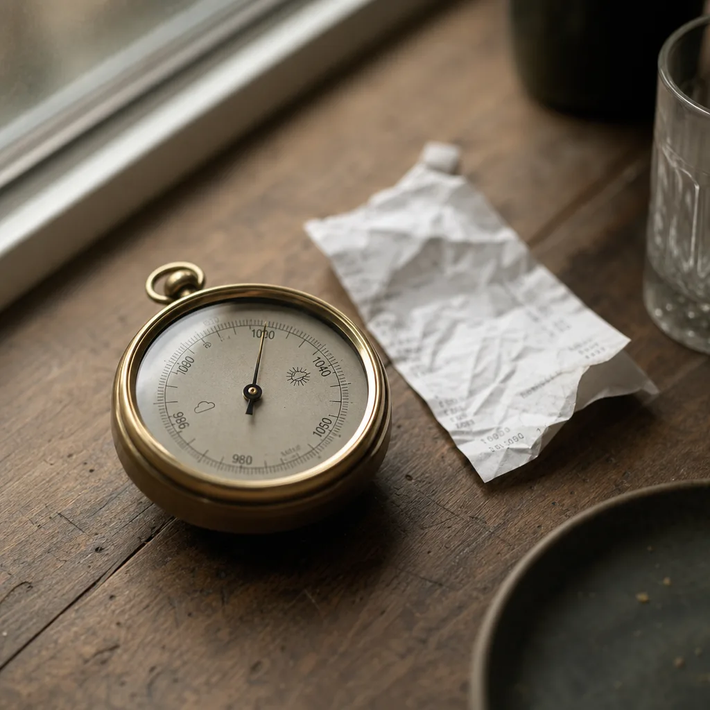 A small barometer resting on a wooden surface beside a crumpled receipt