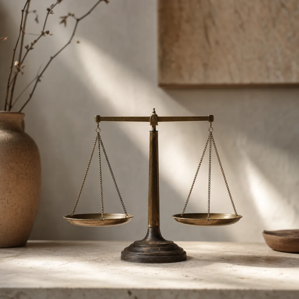 A vintage balance scale with two empty brass pans perfectly level