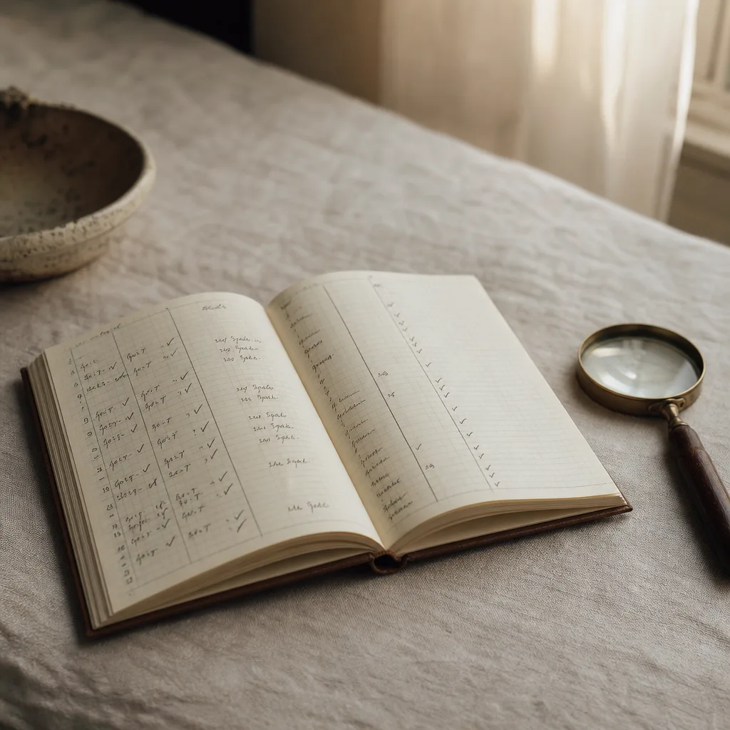 An open field notebook flat on a linen surface