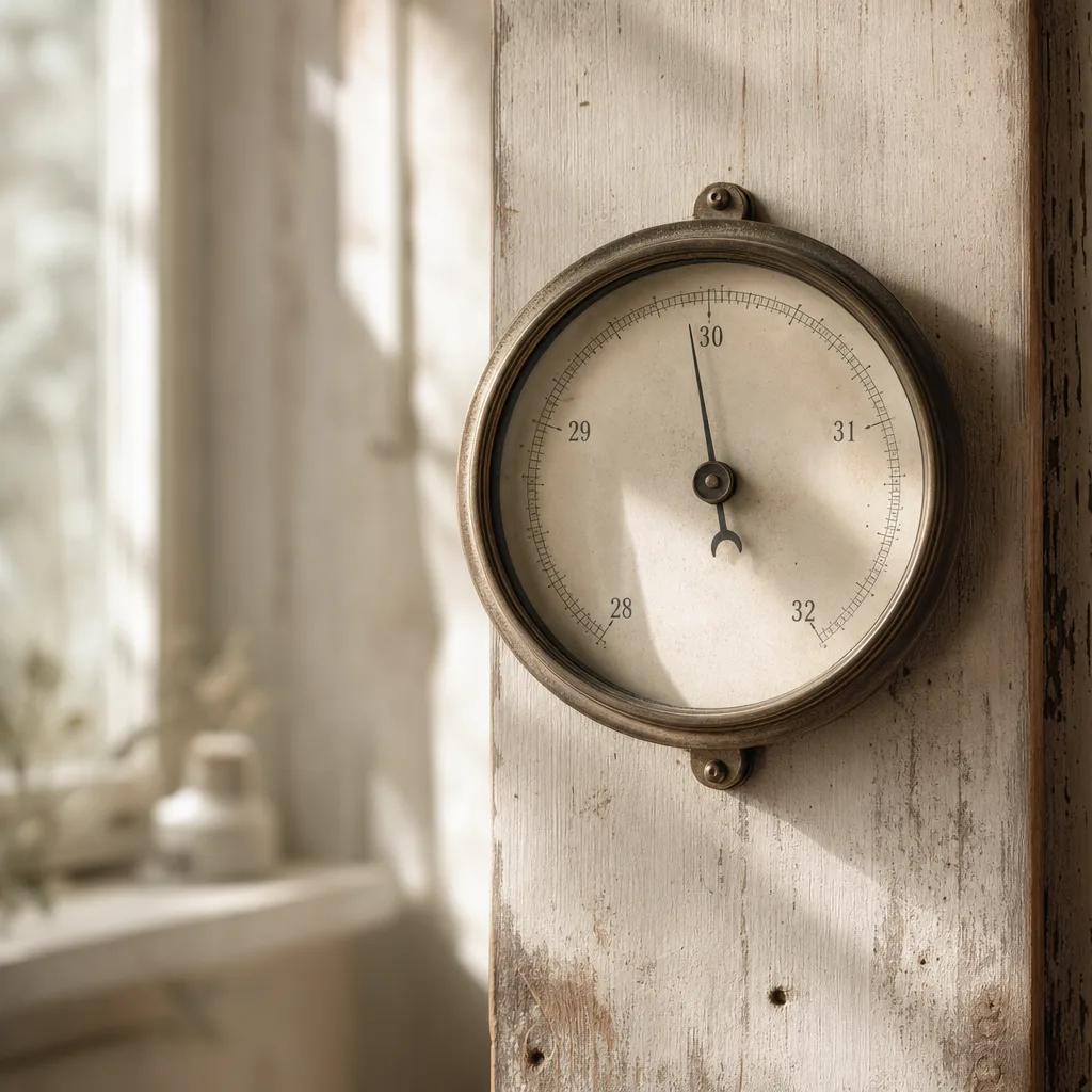 A vintage weather station dial — barometric needle resting in an ambiguous mid-range zone — mounted on a sun-bleached wooden board