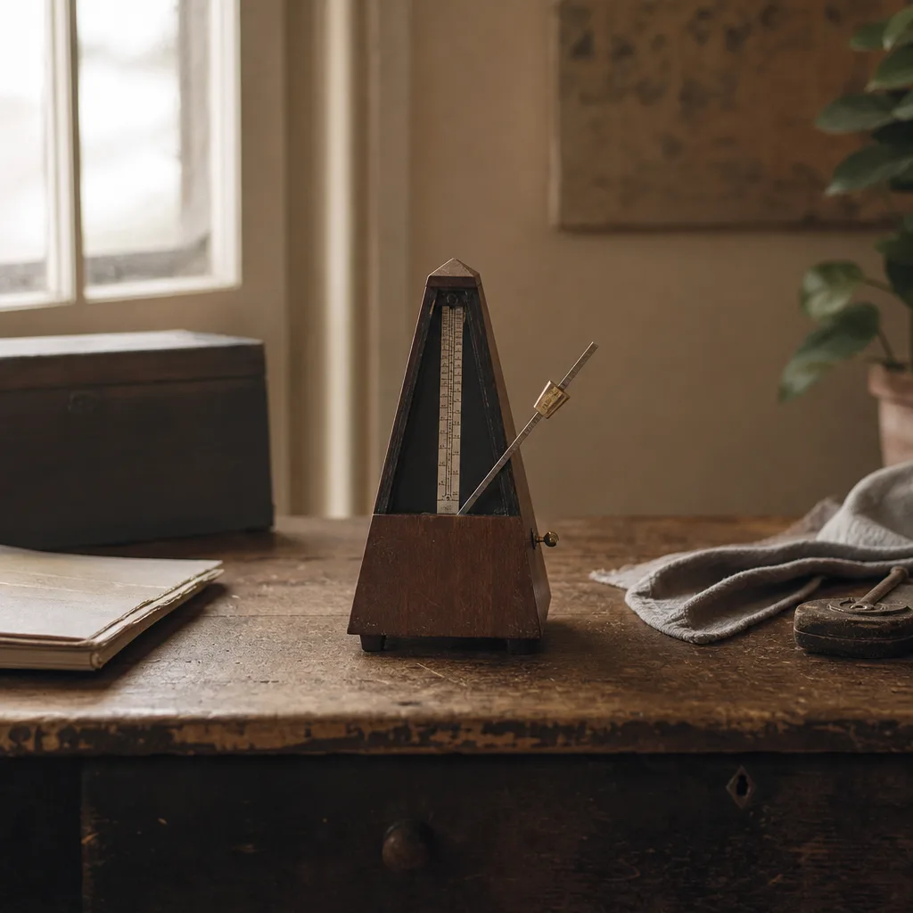 A small metronome mid-swing on a worn wooden practice table