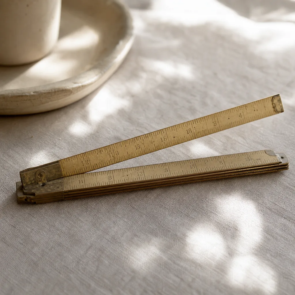 A vintage folding ruler partially extended on a linen surface