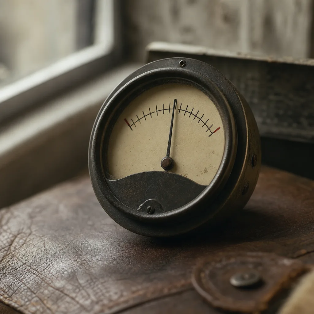 A close-up of an old signal strength meter — the needle hovering precisely at mid-scale — resting on a worn leather surface