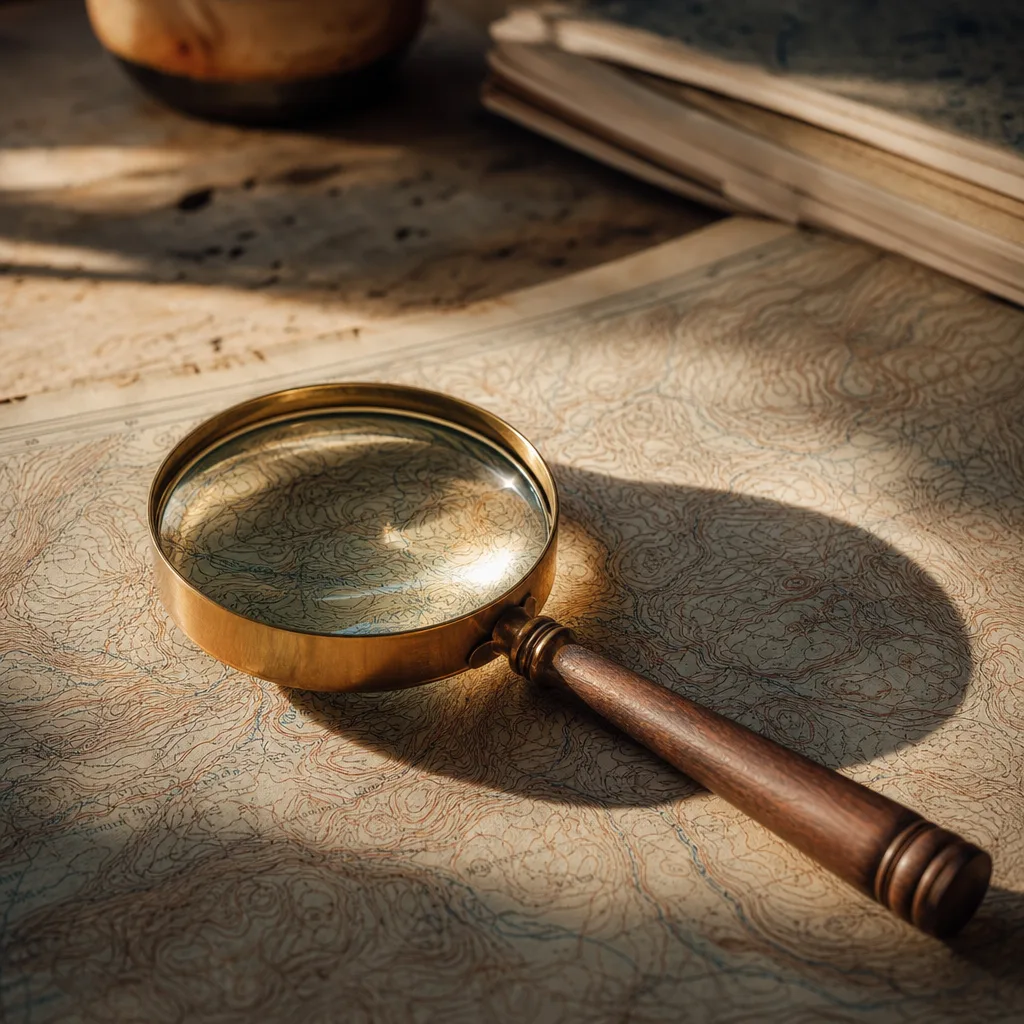 A magnifying glass resting on a detailed topographic map detail
