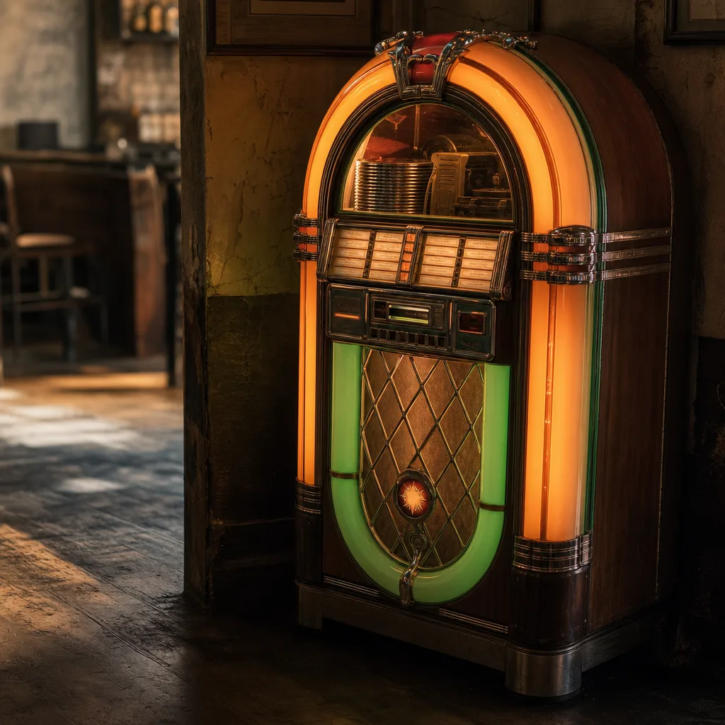 A vintage analog jukebox glowing warm orange and green in a dim bar corner