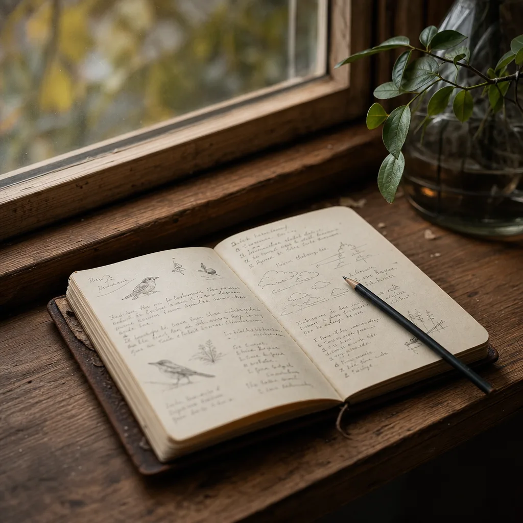 A worn field notebook open to a page of handwritten observations — birds