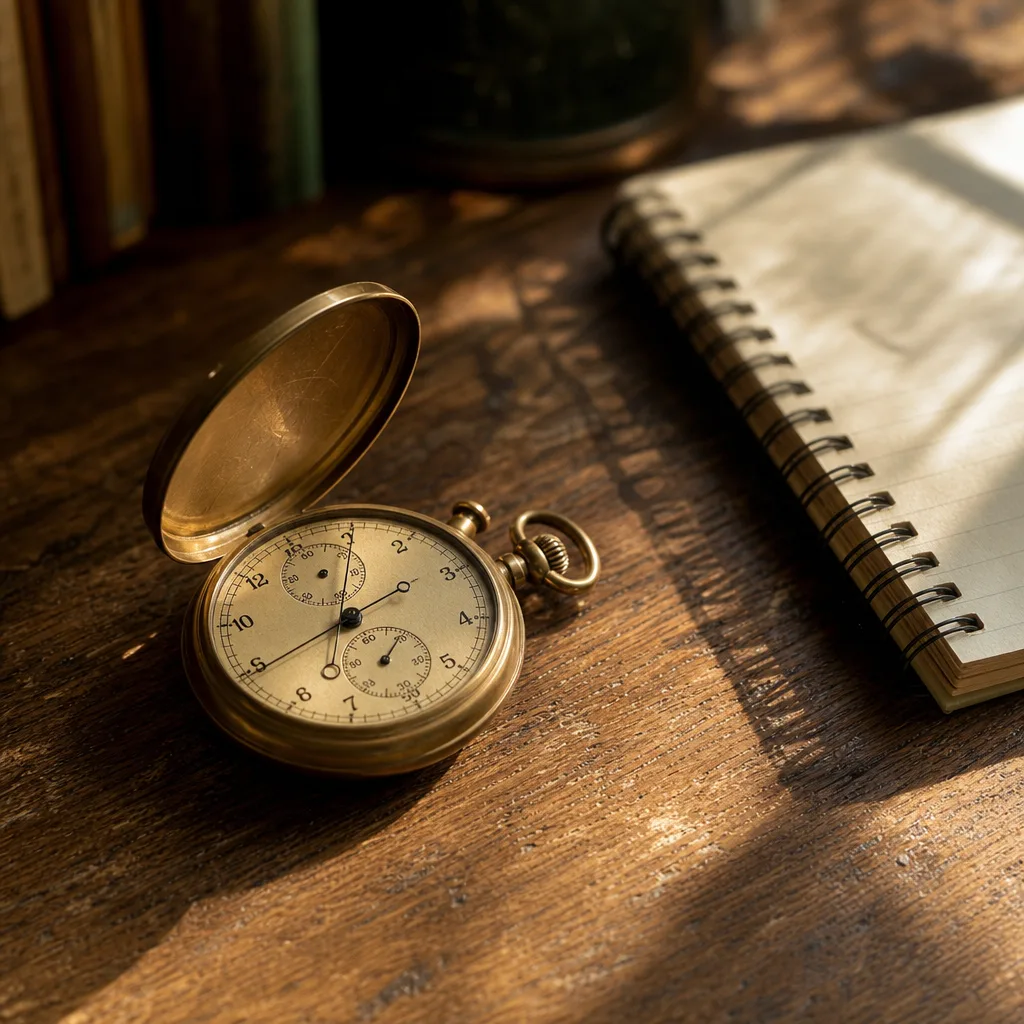 A vintage brass stopwatch lying open on a worn oak desk beside a small spiral-bound notepad