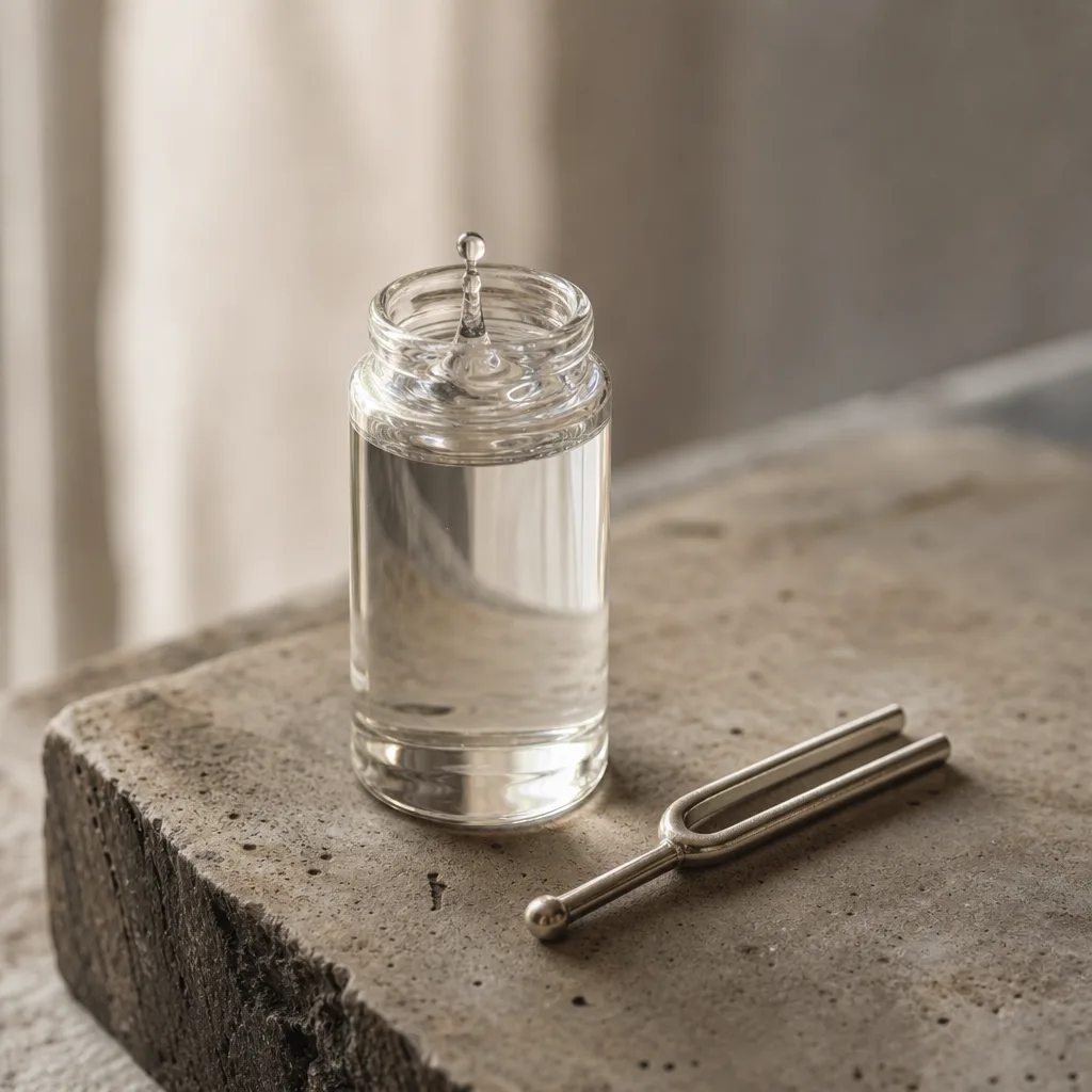 A small glass vial of water mid-ripple on a stone surface