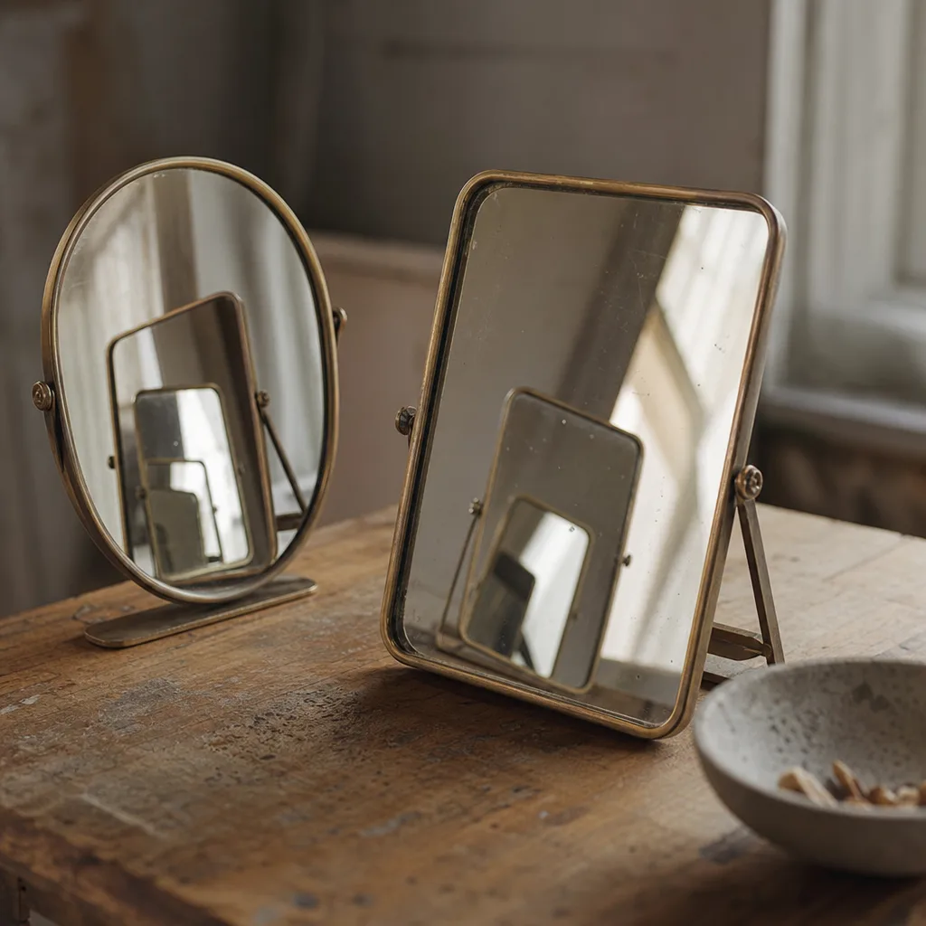 Two mirrors angled toward each other on a pale surface