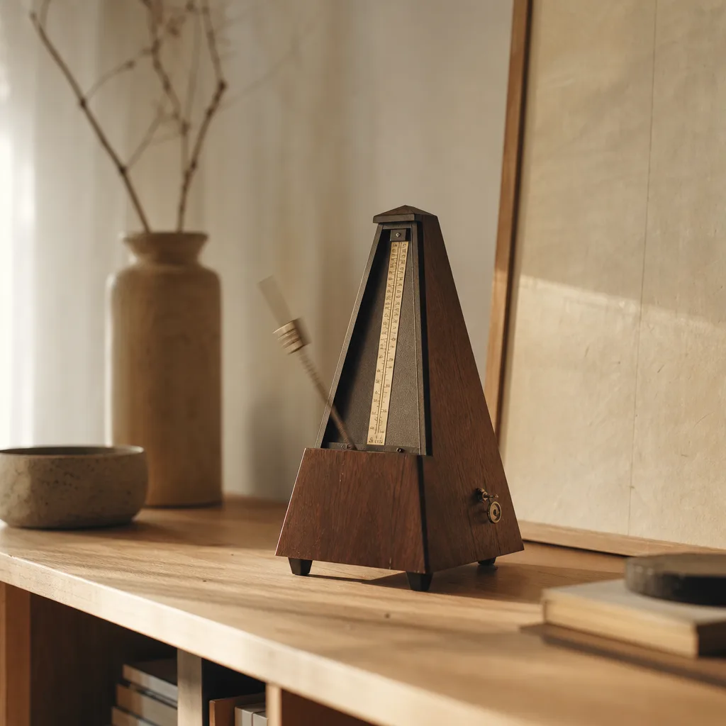 A metronome mid-swing on a pale oak shelf