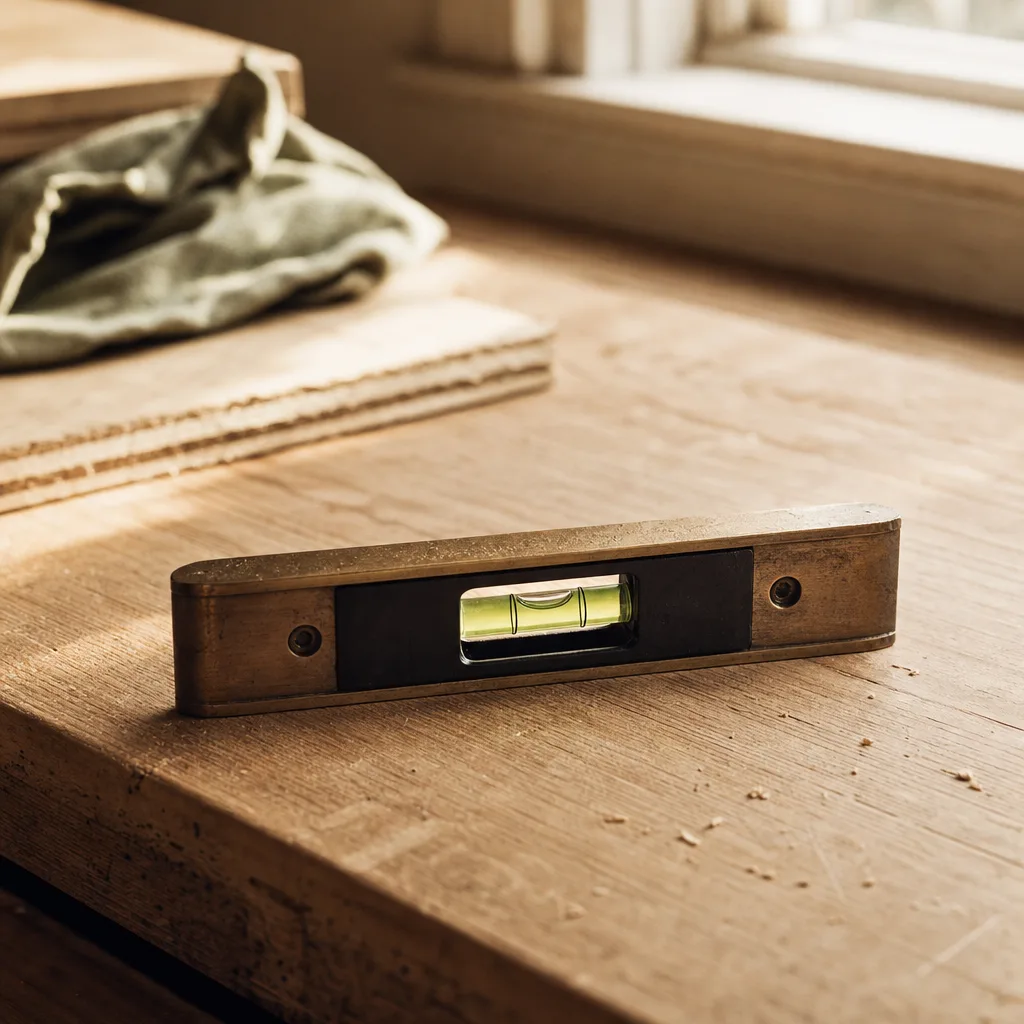 A small handheld level tool lying on an unfinished timber surface