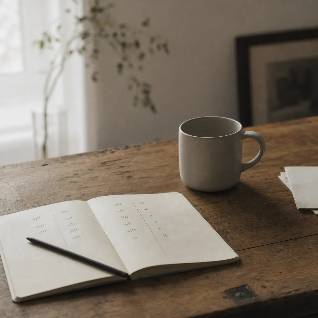 An open field notebook flat on a wooden desk