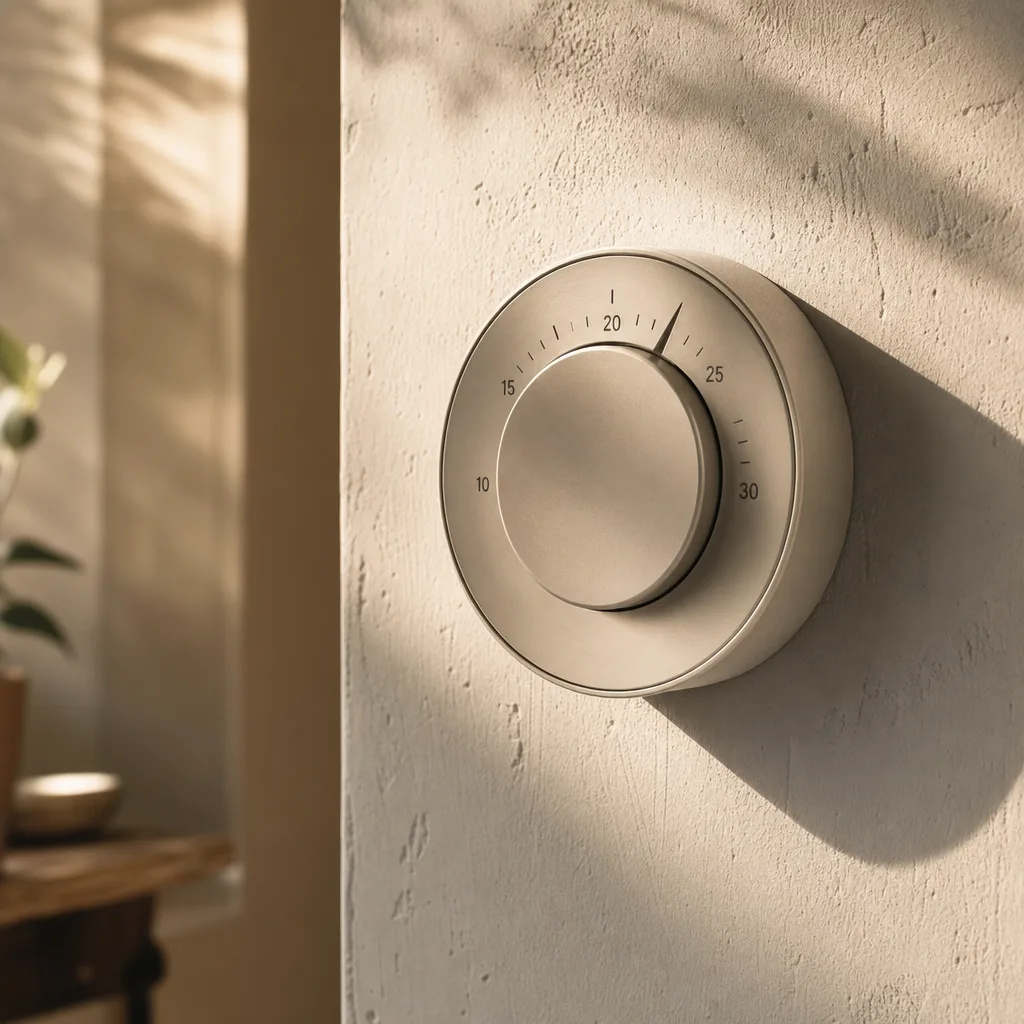 A circular thermostat dial mid-adjustment on a textured plaster wall