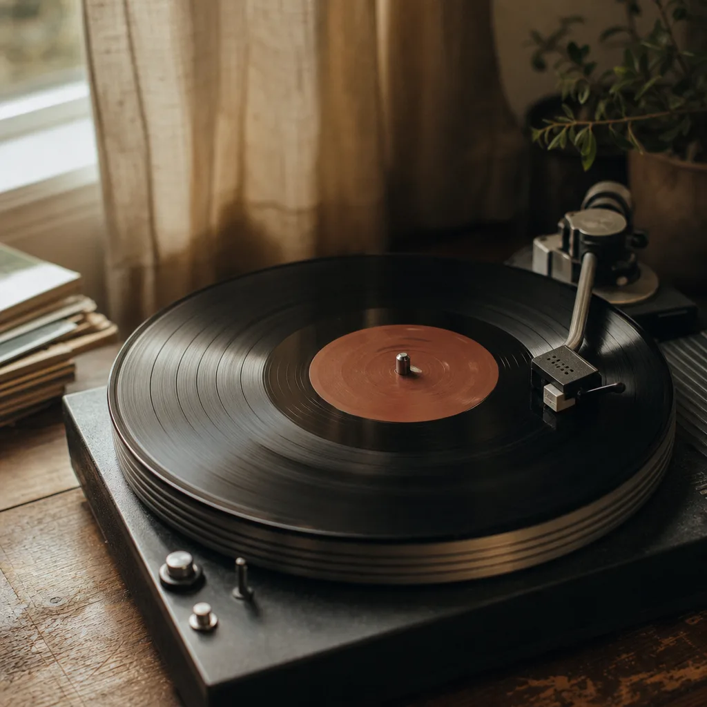 A vinyl record stuck mid-groove on a turntable