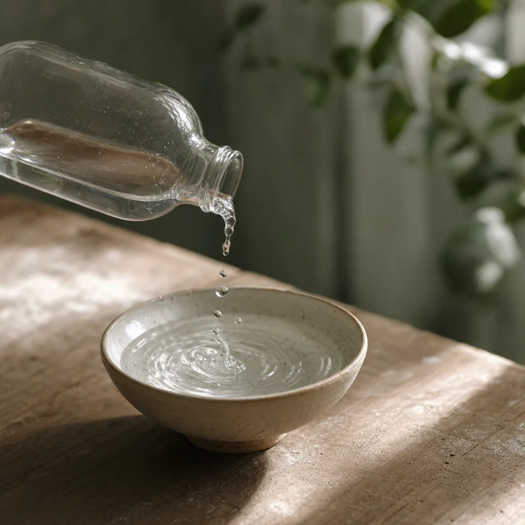 A small glass vial of water mid-pour into a shallow ceramic bowl