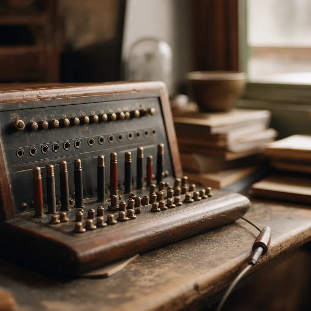 A vintage switchboard panel with brass toggle switches and labeled ports