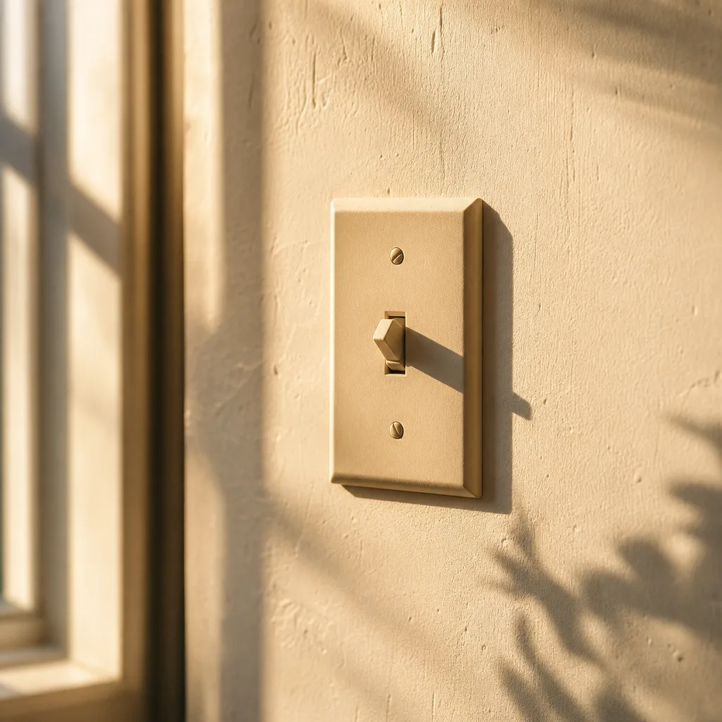 A single light switch on a textured plaster wall