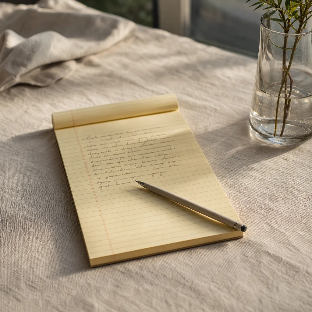 A narrow legal yellow notepad lying open on a pale linen surface