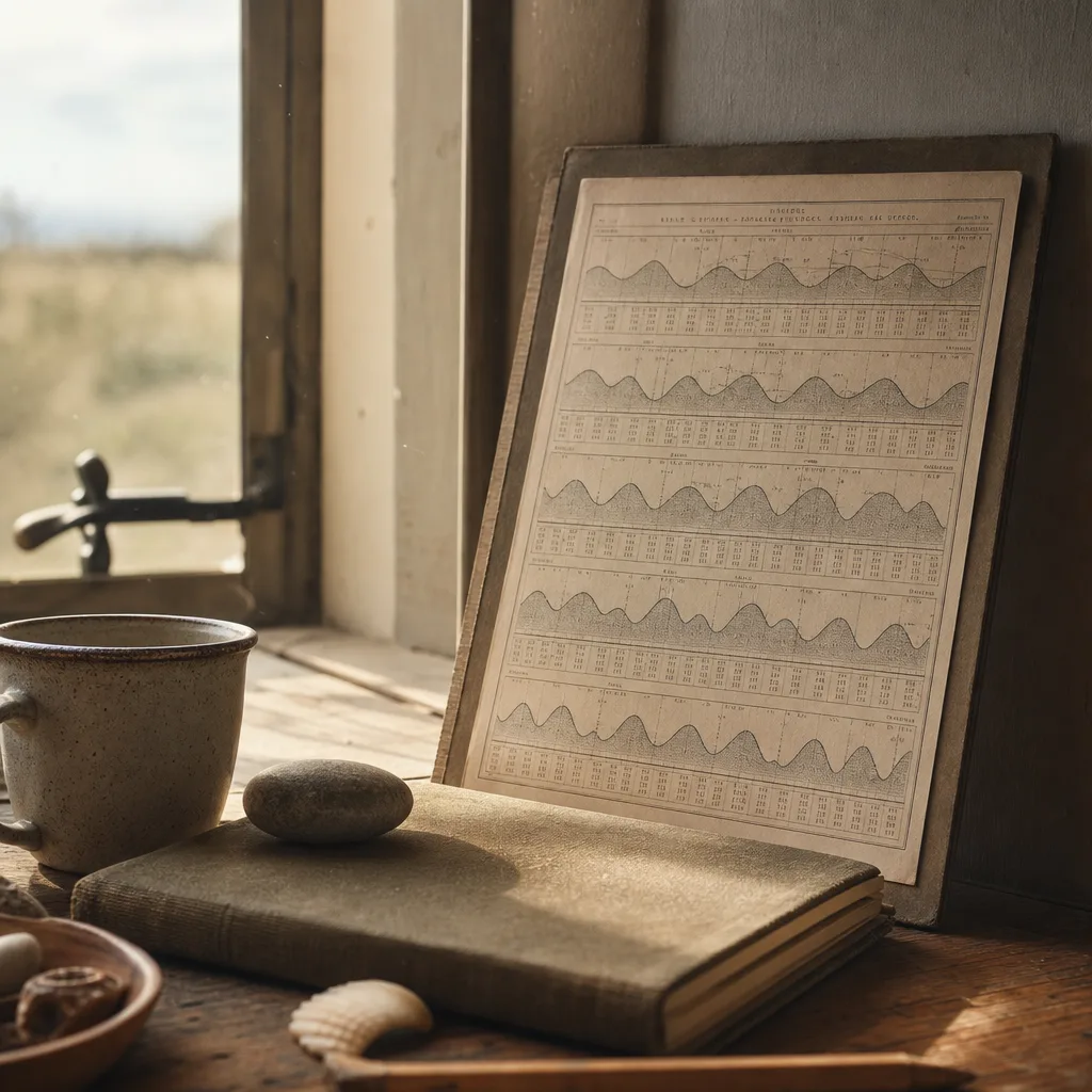 A vintage tide chart pinned to a corkboard beside a small brass ruler and pencil
