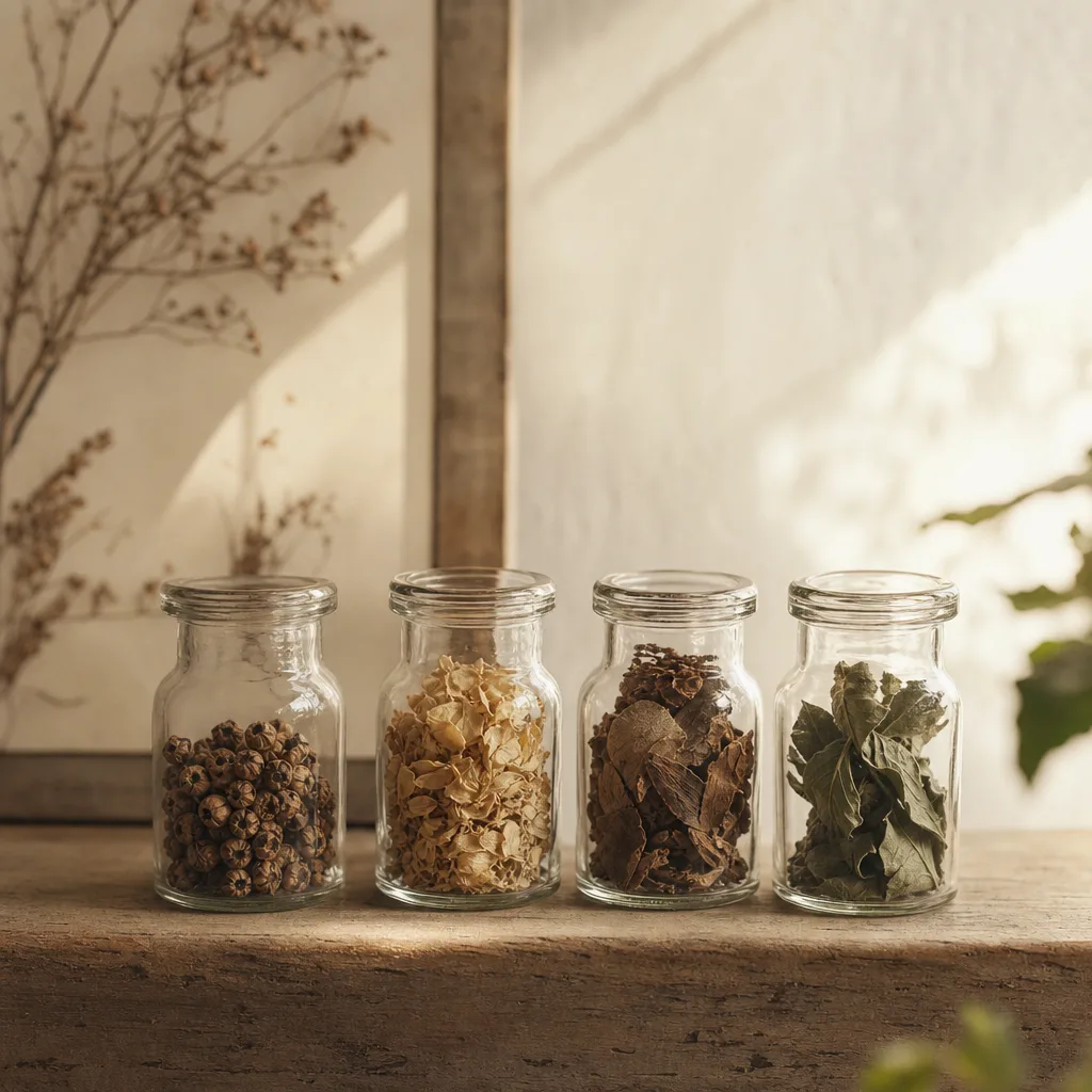 Four small glass specimen jars arranged in a row on a shelf