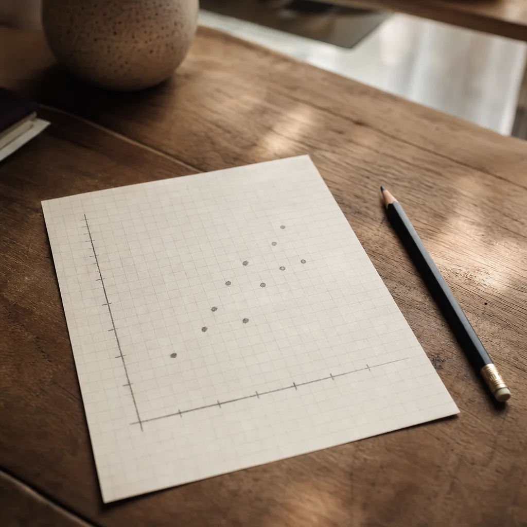 A hand-drawn grid chart on graph paper with several plotted data points forming a loose upward cluster
