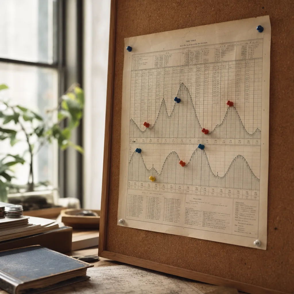A vintage tide chart pinned to a corkboard with several colored pushpins marking distinct intervals