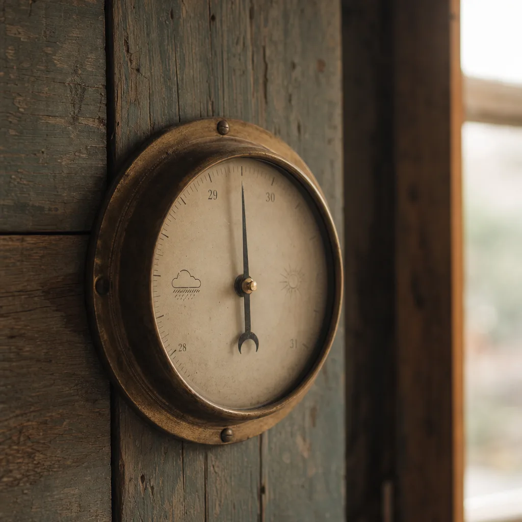 A vintage barometer mounted on a weathered plank wall