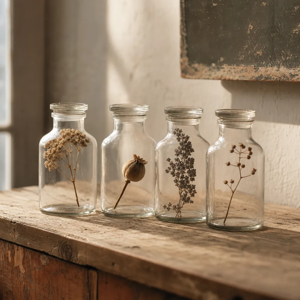 Four small glass specimen jars arranged in a row on a worn wooden surface