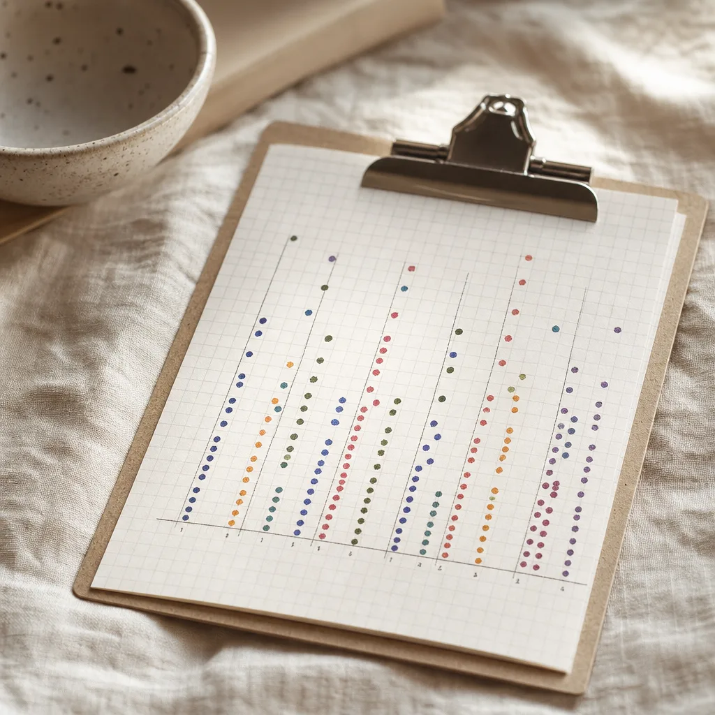 A hand-drawn grid chart on graph paper with colored dots plotted in columns