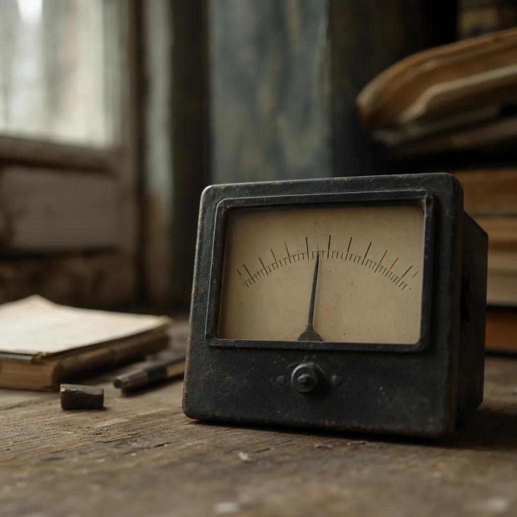 A vintage analog signal-strength meter resting on a worn oak surface