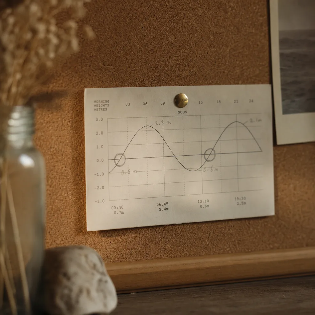 A small analog tide chart pinned to a corkboard