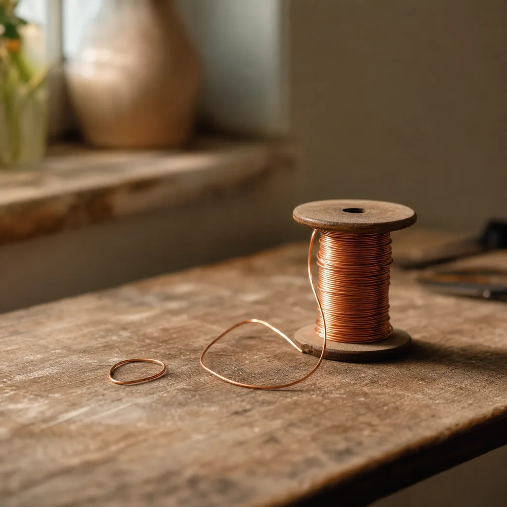 A spool of thin copper wire partially uncoiled on a workbench