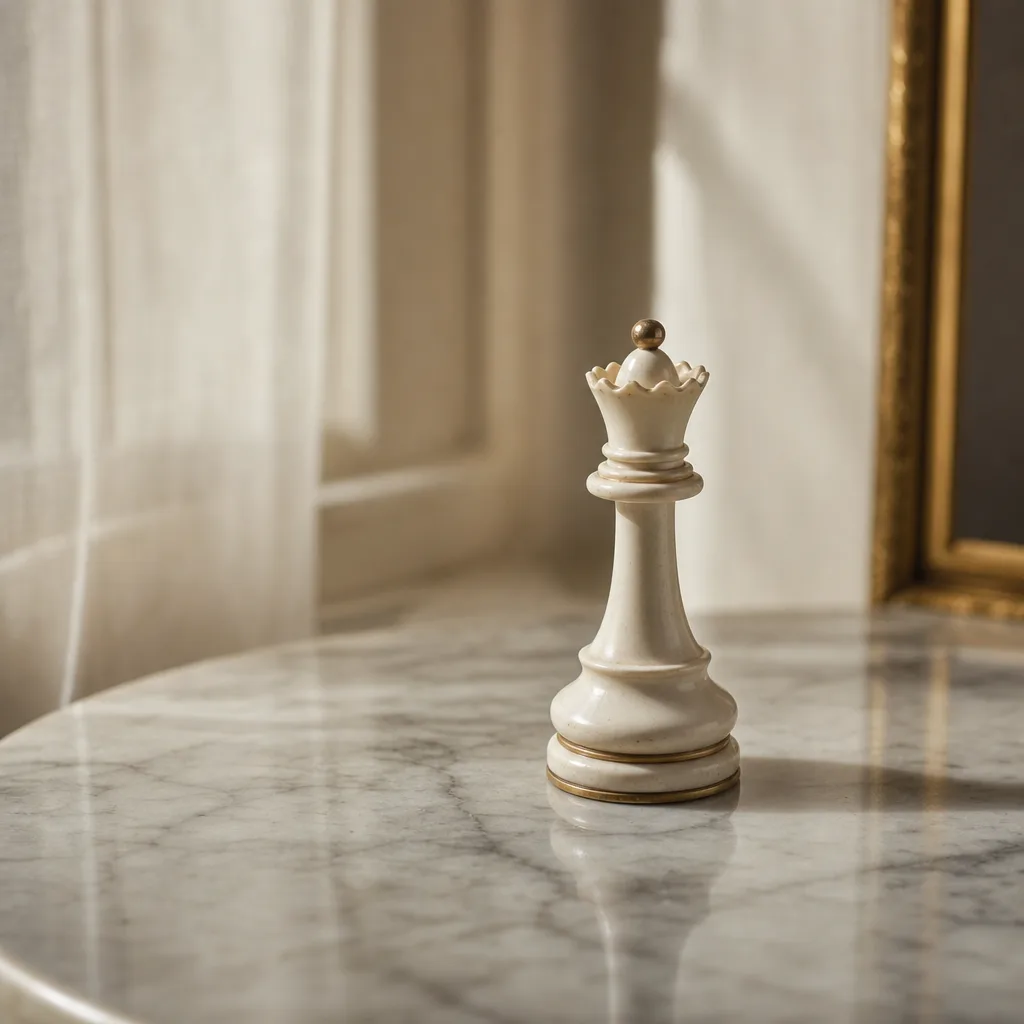 A vintage chess piece — a single white queen — standing upright on a bare marble surface