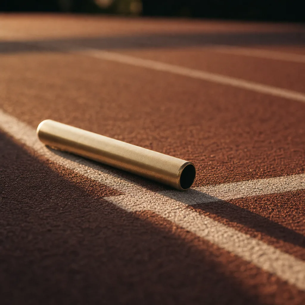 A baton resting on a running track lane line