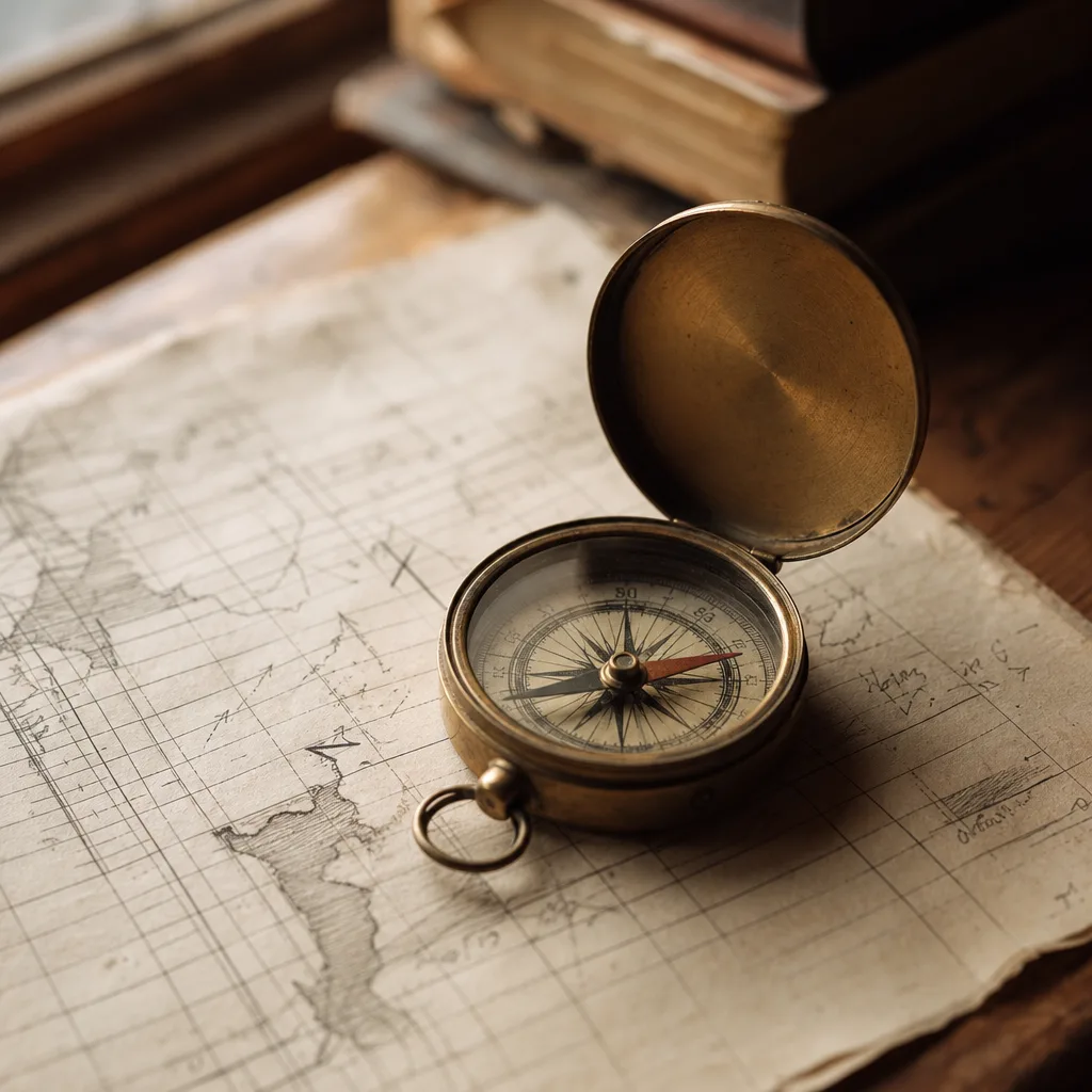 A brass compass resting open on a hand-drawn grid map with penciled annotations