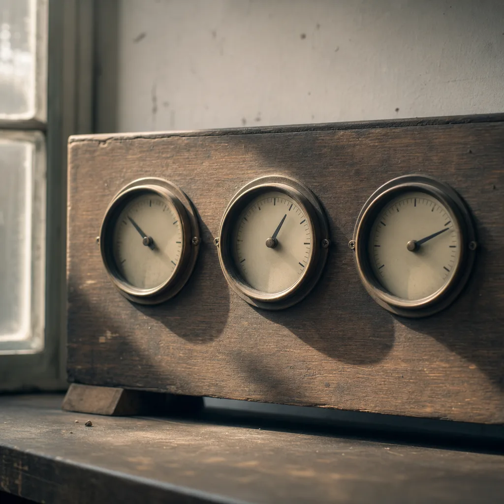 A vintage analog instrument panel — three small gauges with needles mid-swing — mounted on aged wood