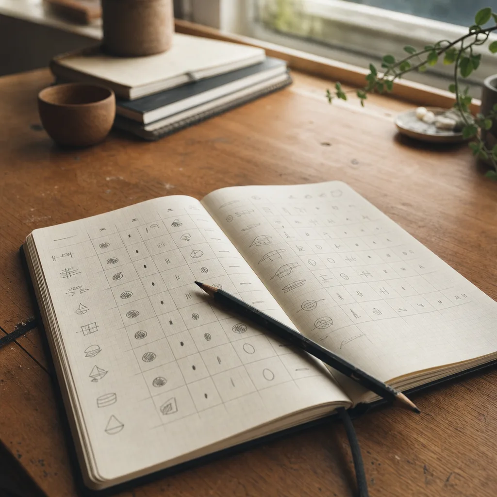 An open field notebook flat on a wooden desk
