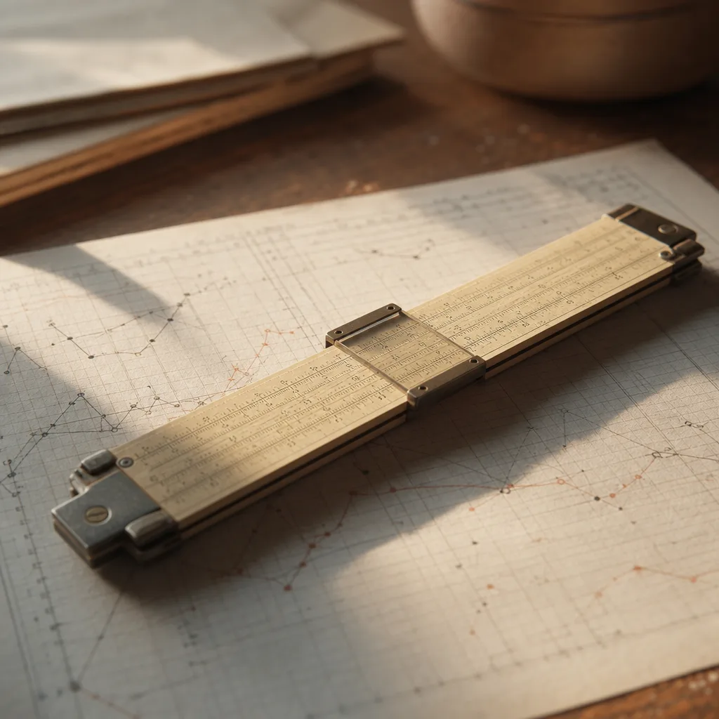 A vintage slide rule lying across a sheet of graph paper covered in plotted points and connecting lines