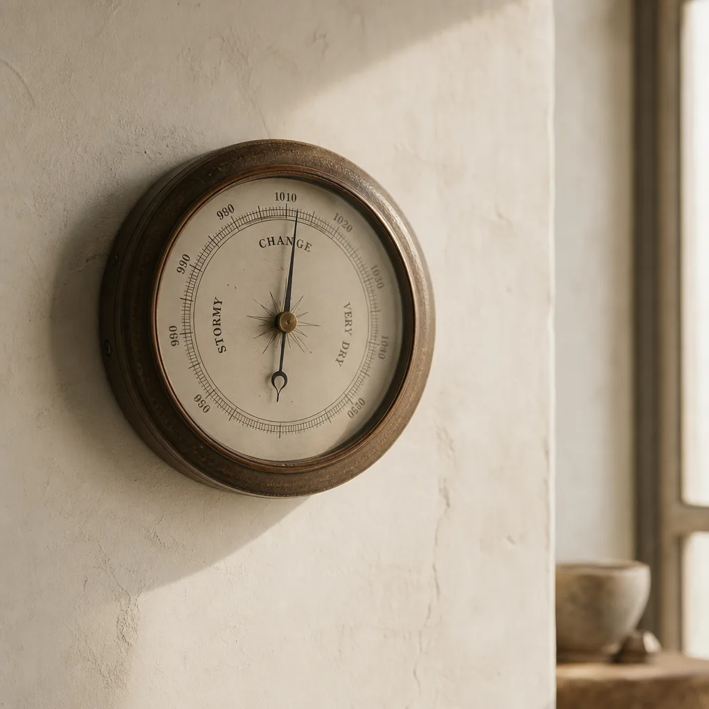 A vintage weather station barometer mounted on a pale plaster wall